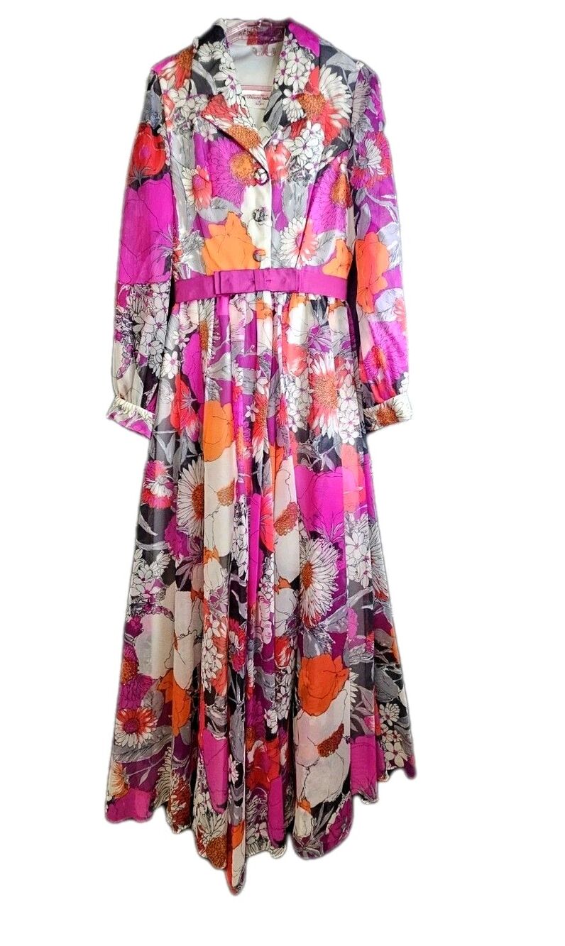 Vintage 70s Futura Couture New York Floral Maxi Dress XS S Pink Orange...
